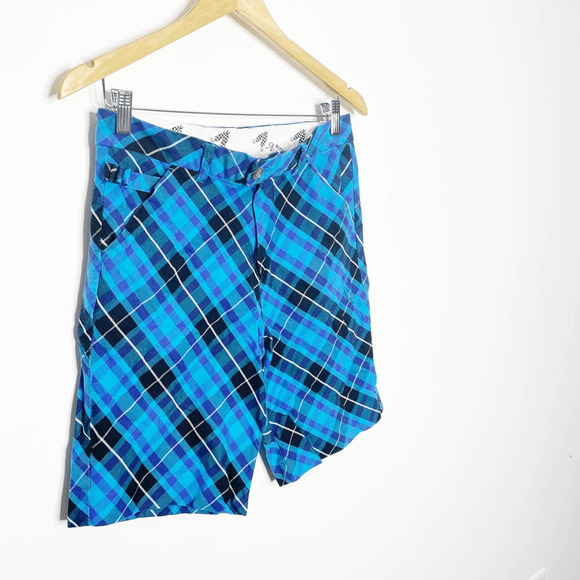Royal & Awesome BLUE PLAID TREWS SHORTS golf preppy tee loop tour slit Mens 30 - Picture 6 of 7